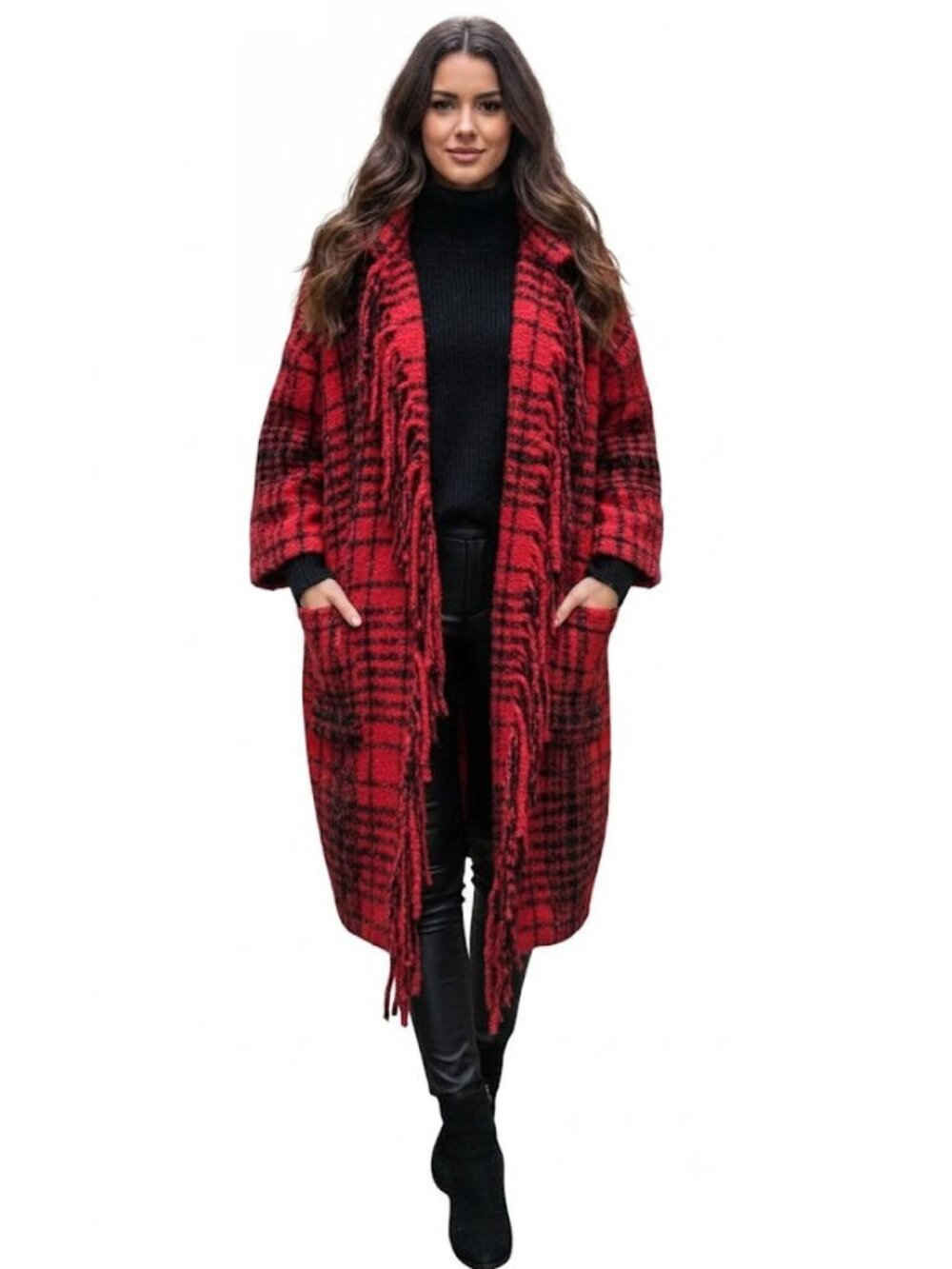Treasure & Bond Plaid Fringe Duster Coat, Red & Black, Womens One Size